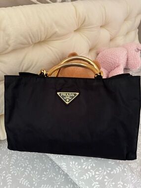 Prada Black Nylon Tote with Gold-Tone Handles